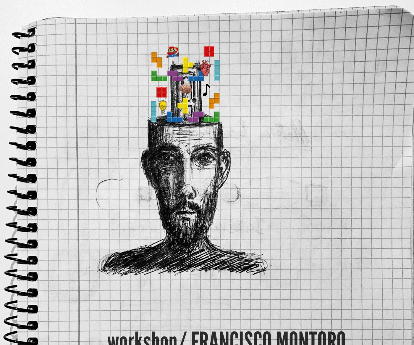 Retrato dibujado a bolígrafo sobre cuaderno cuadriculado, con bloques de Tetris de colores saliendo de la cabeza.