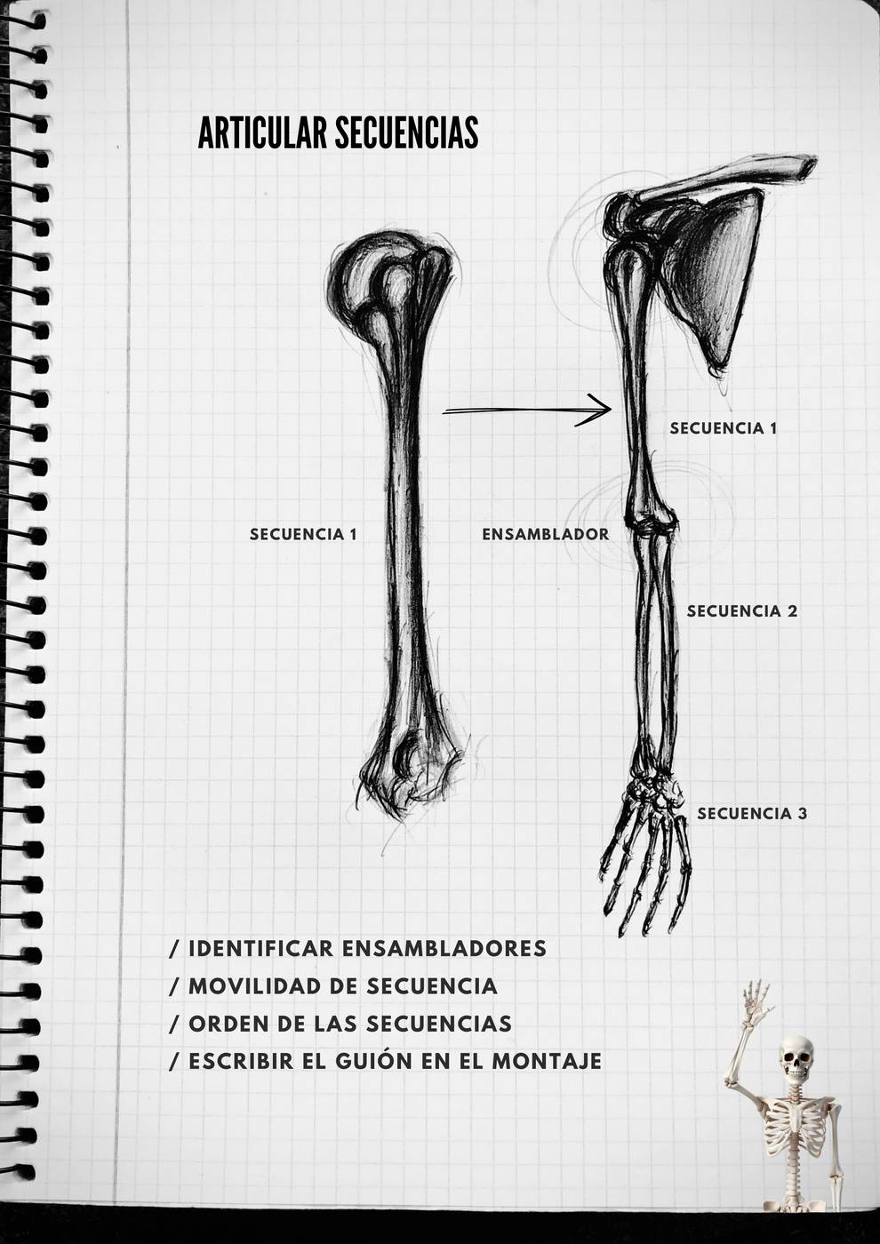 Diagrama dibujado a mano sobre secuencias y ensambladores en el montaje.