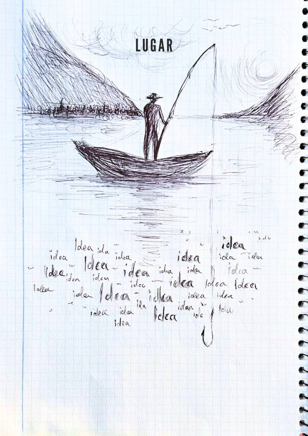 Dibujo a bolígrafo de un bote con un pescador en un lago; la palabra “idea” escrita a mano muchas veces flota en el agua.